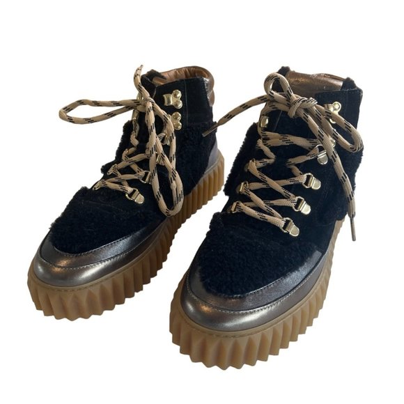 New Voile Blanche Eva Shearling Metallic Leather Womens Hiking Boots Black EU 40